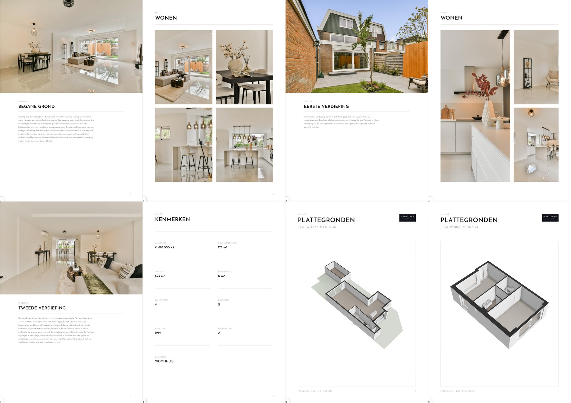 Overzicht van de uiteindelijke woningbrochure met fotopagina’s, kenmerken en plattegronden