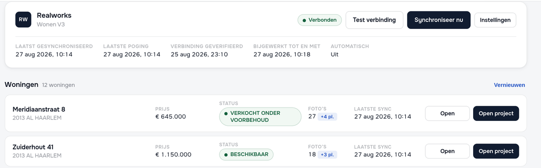 Compact overzicht van een gekoppeld Realworks-object
