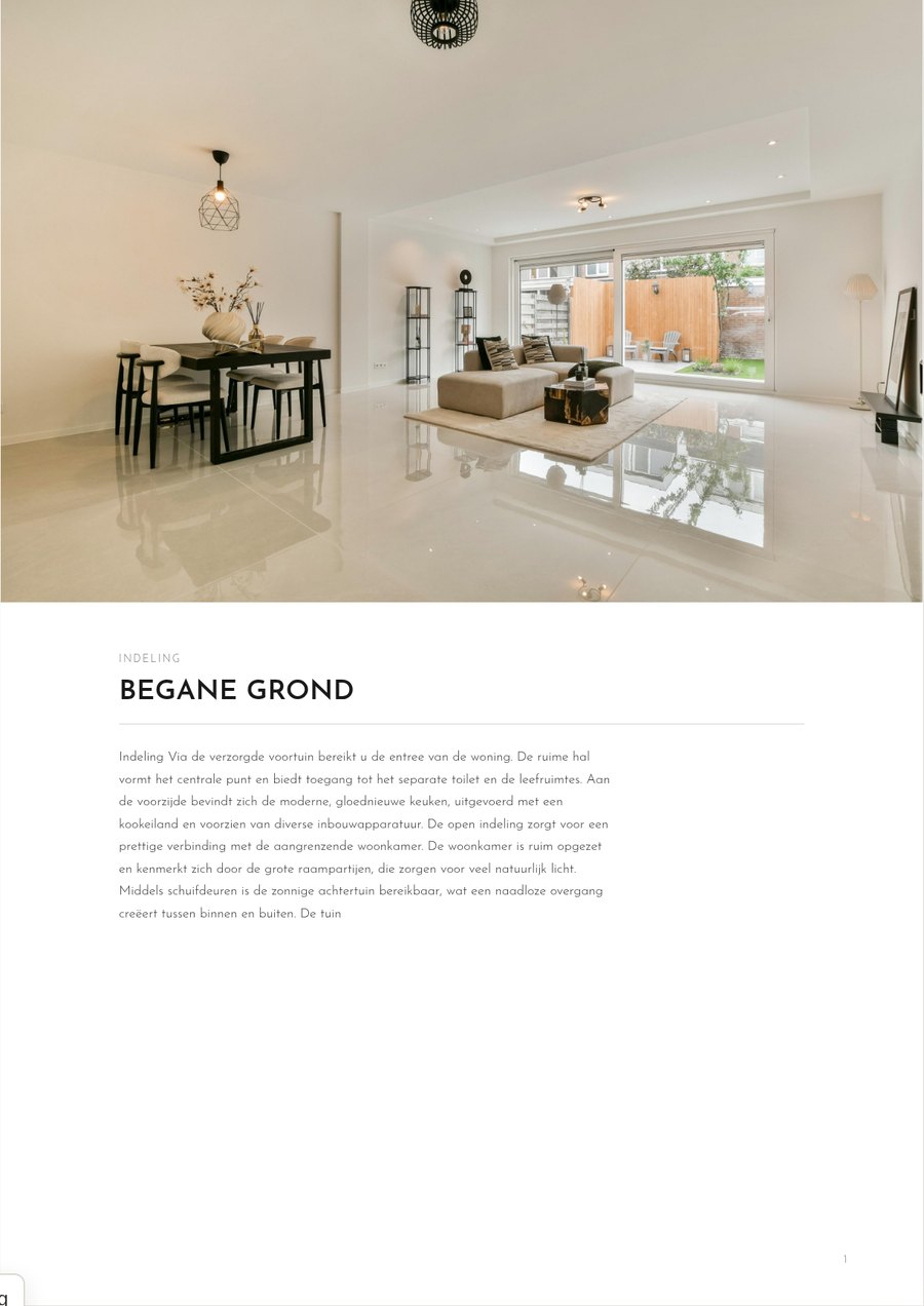 Woningbrochurepagina met foto en beschrijving